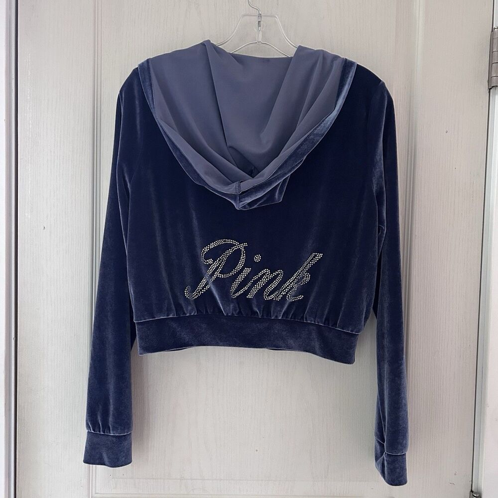 PINK Victoria's Secret Velour Cropped Hoodie Blue Velvet Y2K Rhinestone Small - Picture 3 of 13